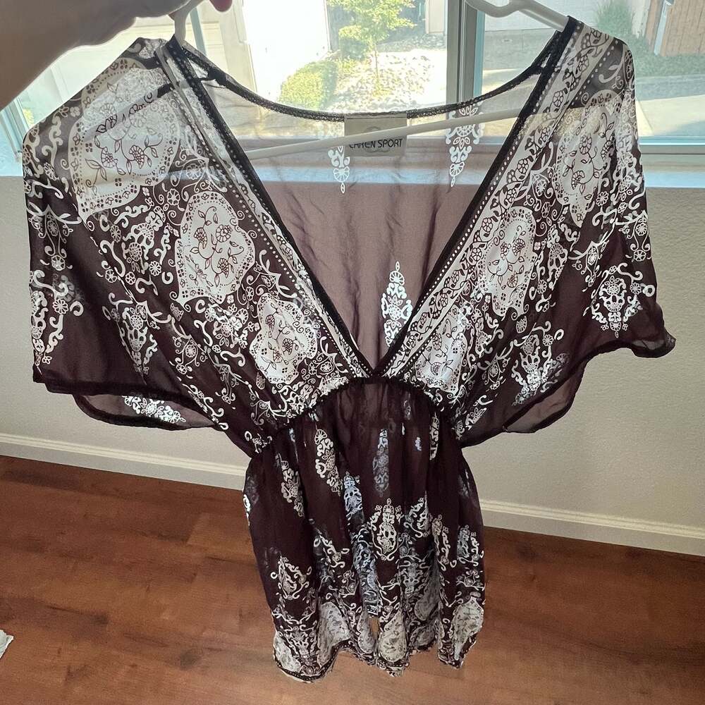 Y2K Brown Sheer Paisley V-Neck Swim Cover-Up Tunic Dress 1X (Fits like a Small)